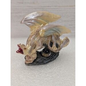 Iridescent Dragon Figurine Resin Statue on Skulls with Orb Fantasy Gothic Wings